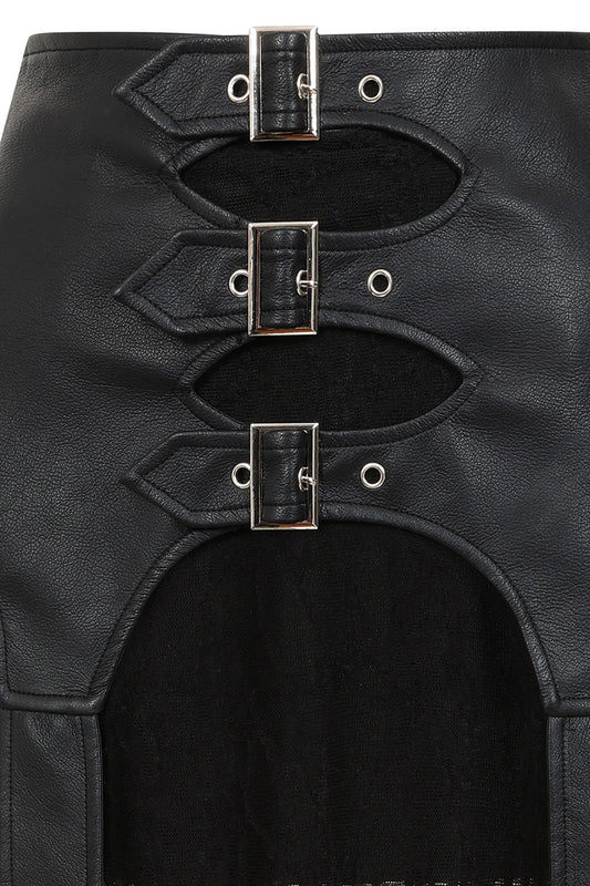 Close-up view of the silver buckle strap detail on the Banned Apparel Velkyn Black Maxi Skirt, highlighting its gothic industrial aesthetic and high-quality faux leather finish.