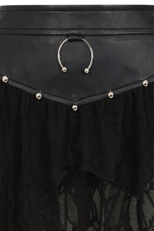 Close-up view of the silver O-ring and stud detailing on the waistband of the Banned Apparel Luxor Faux Leather Skirt.