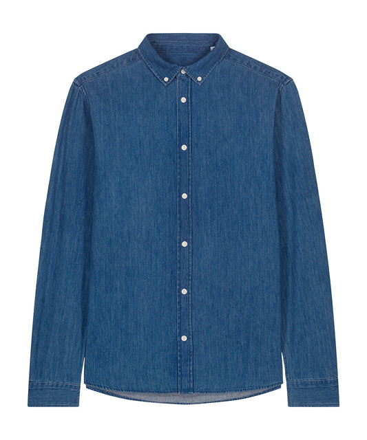 Stylish Sustainable Organic Cotton Long Sleeve Denim Shirt for Men, showcasing its premium fabric and sleek design.