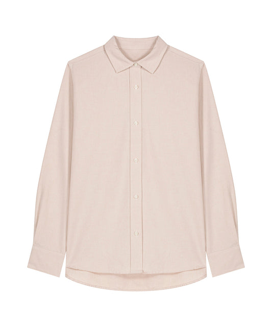 Elegant Womens Organic Cotton Oxford Long Sleeve Shirt in a soft pastel hue, tailored for a feminine fit, showcasing breathable and comfortable fabric.
