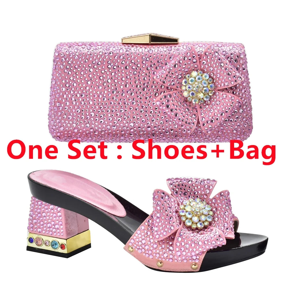 Elegant women's Italian high heel slingbacks and matching bags set featuring crystal accents, available in sizes 37-43, perfect for upscale parties and weddings.