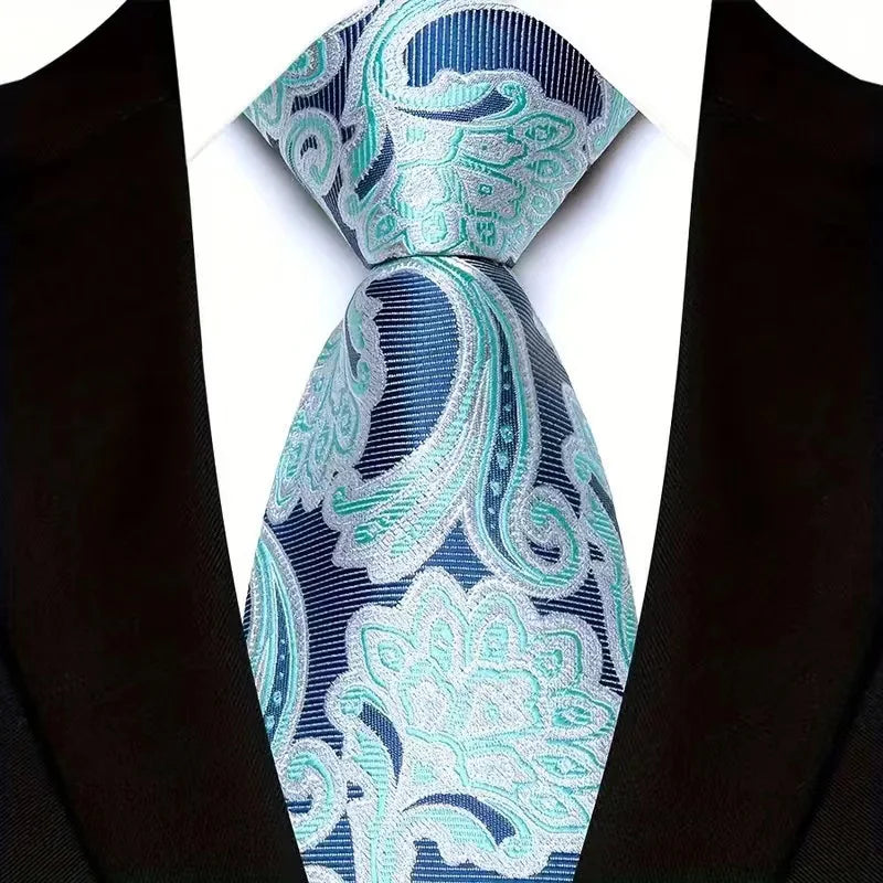 Elegant 8CM classic men's necktie featuring a sophisticated green and blue plaid design with floral accents, made from premium jacquard woven polyester, available in 41 exquisite colour options.