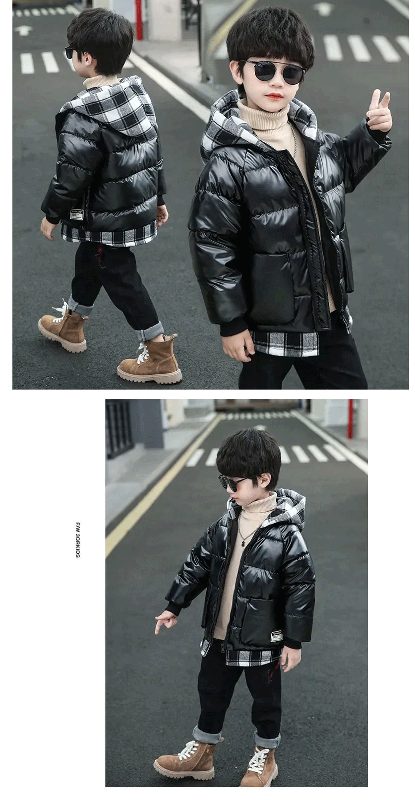 Elegant black winter coat for boys featuring a zip closure, soft cotton filling and casual style, designed for ages 3T to 13Y.