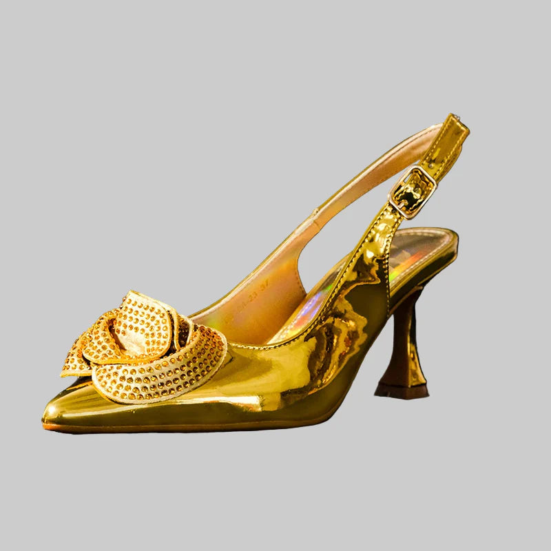 Close-up of luxurious high heel pumps with ankle straps, designed for women seeking chic footwear for parties and formal events.