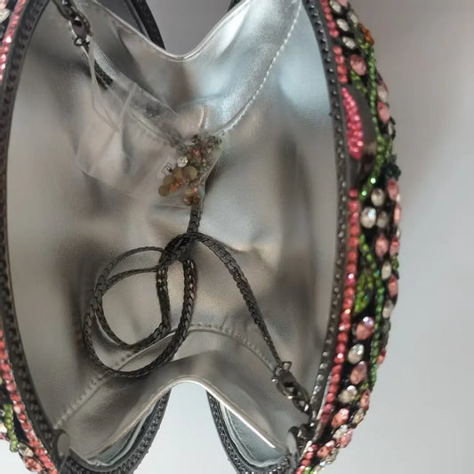 Elegant women's luxury multicolor floral crystal minaudiere evening clutch purse, featuring a chic design perfect for formal events and parties.