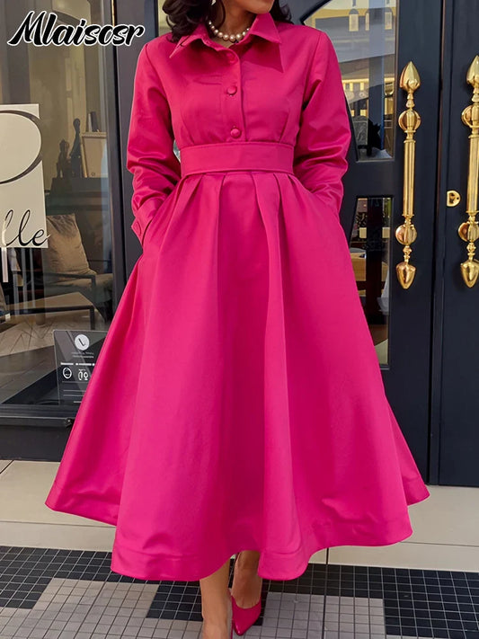 Close-up view of the Mlaiscsr khaki midi dress showcasing the exquisite turn-down collar and rich polyester fabric, ideal for elegant autumn and winter styling.