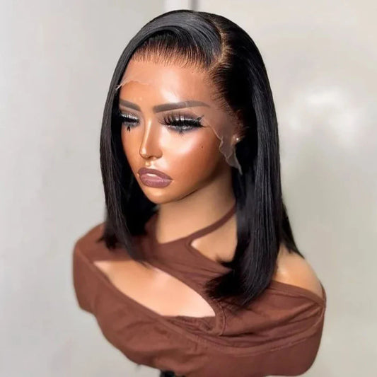 Luxury human hair bob wig for black women featuring glueless pre-plucked styling with straight Brazilian hair, available in 4-16 inches.