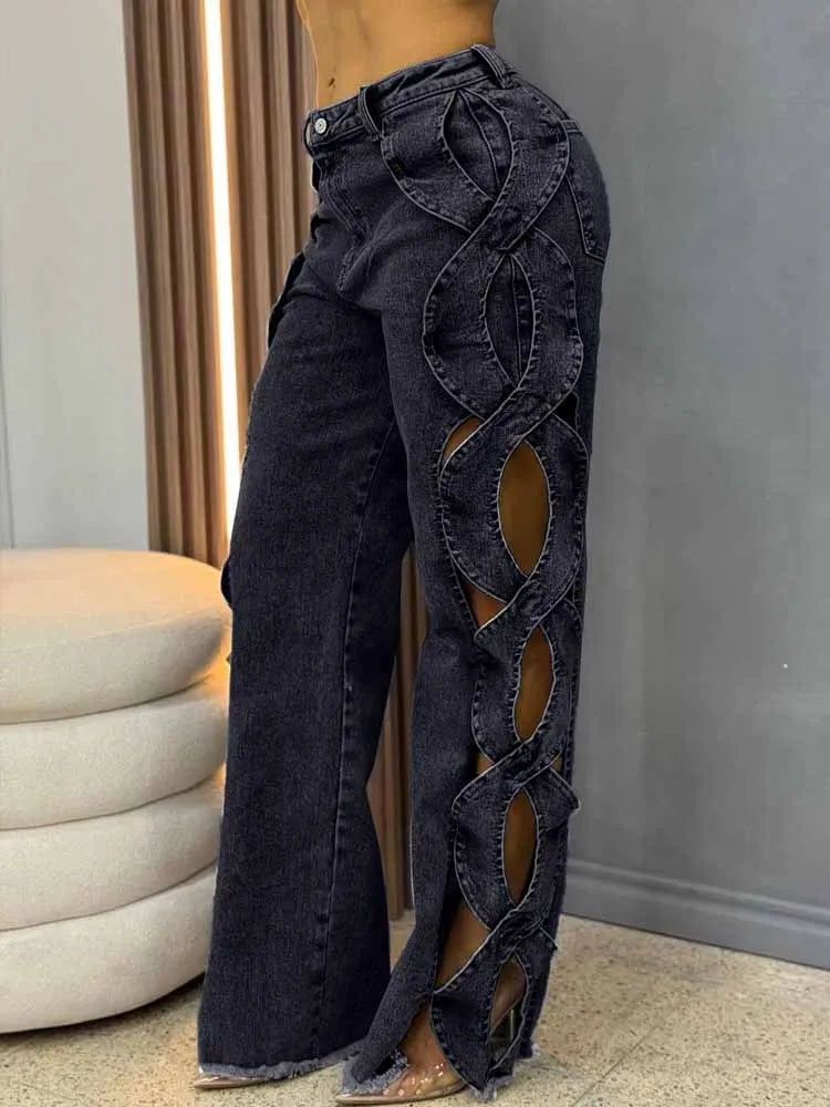 Stylish close-up of BKQU Women's high waist wide leg hollow out jeans showcasing detailed fabric texture and sophisticated pocket design.