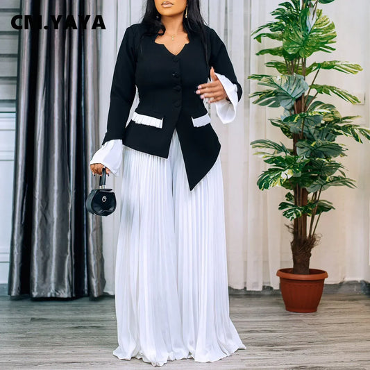 Wide Leg Pants Set from CM.YAYA, featuring a sophisticated elastic waist and chic solid design, ideal for office attire in autumn and winter.