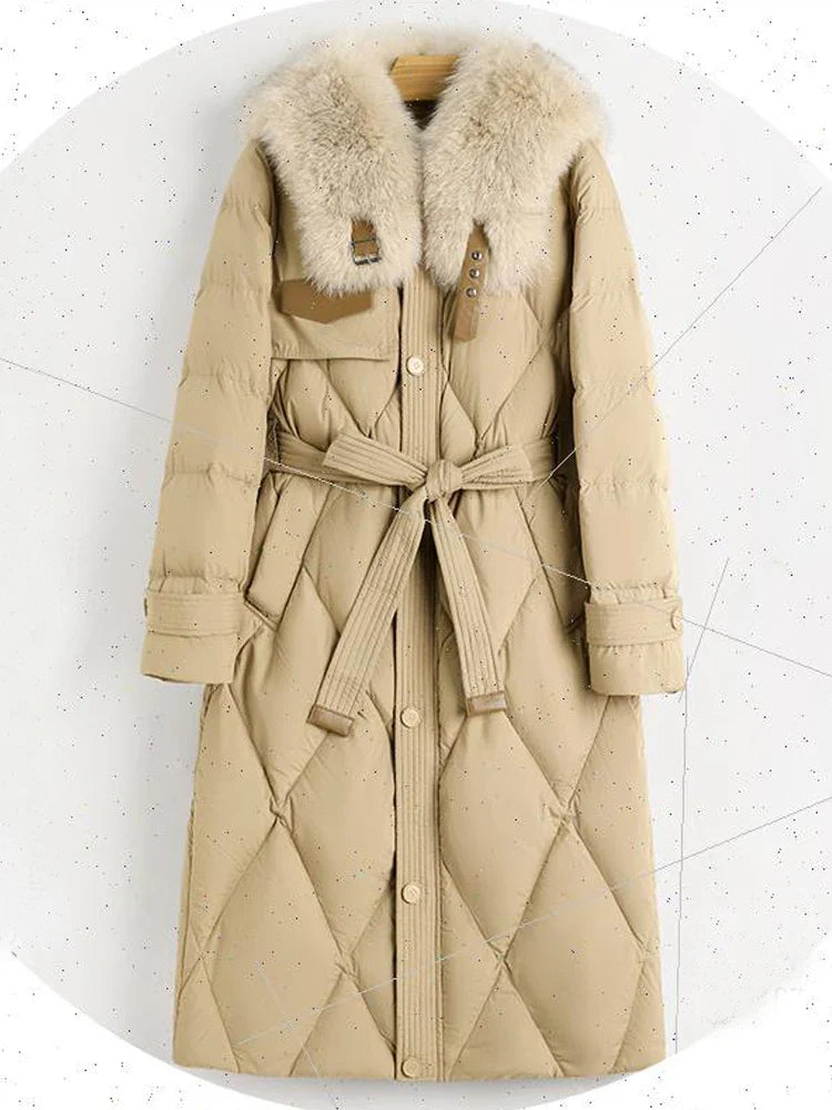 Chic long winter jacket for women, highlighting a sophisticated design with pockets and a sleek, solid fabric finish.