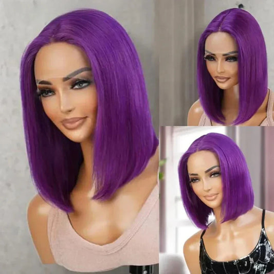 Exquisite Brazilian Purple Short Straight Lace Bob Wig showcasing fine craftsmanship with 13x5x1 Transparent Swiss Lace for a seamless look.