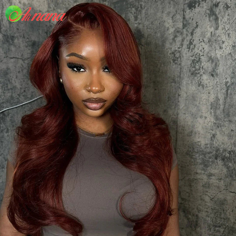 Long, flowing 34-36 inch Brazilian Reddish Brown hair in body wave texture, ideal for creating elegant hairstyles with luxury appeal.
