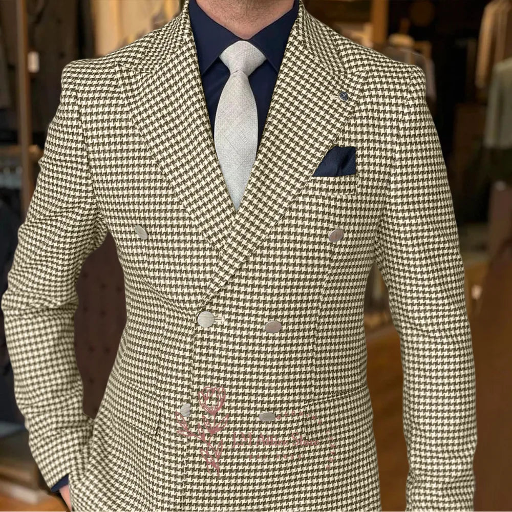 Close-up of the intricate houndstooth pattern on a men's elegant white jacket, showcasing premium polyester fabric ideal for special occasions.