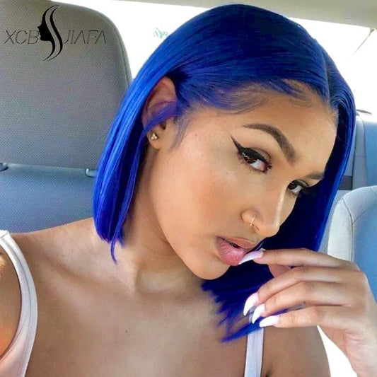 Premium quality straight bob wig featuring luxurious navy blue Remy hair, designed with Swiss lace for comfort and durability.