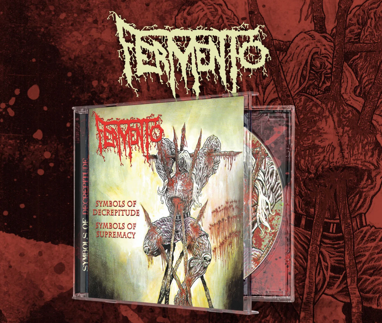 Fermento - Symbols of Decrepitude, Symbols of Supremacy CD album cover from Rancid Offal Records featuring striking artwork inspired by death metal themes.