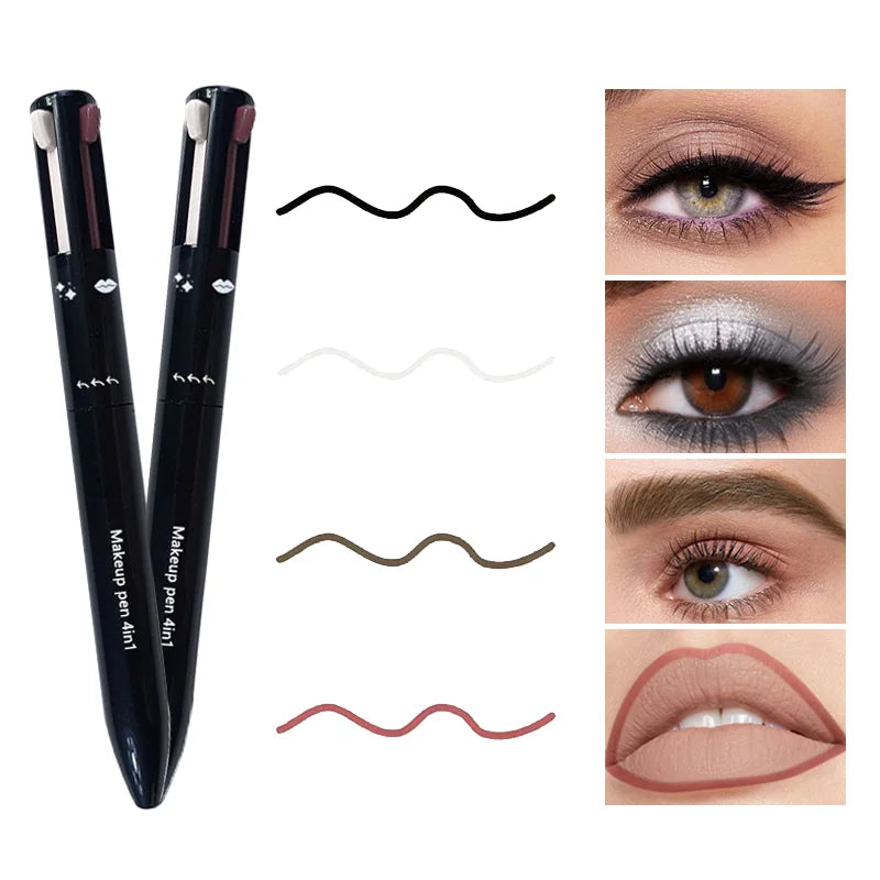 Beautifully arranged 4-in-1 lip liner, eyeliner, and eyebrow pencil set, illustrating the high-end quality and chic colours ideal for sophisticated makeup enthusiasts.