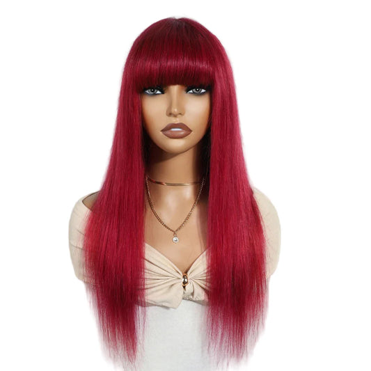 Luxurious Brazilian straight red burgundy human hair wig with bangs, designed for black women, showcasing premium quality and style.