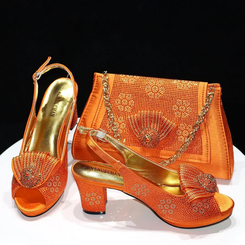 Complete wedding ensemble featuring Venus Chan golden spike heel shoes and matching bling handbag, perfect for upscale fashion occasions.