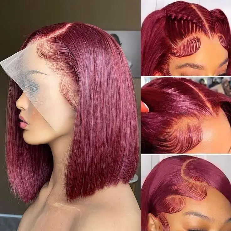 High-quality 100% human hair bob wig in luxurious 99J Burgundy, designed with a 13x4 lace front for versatility in styling and maximum comfort.