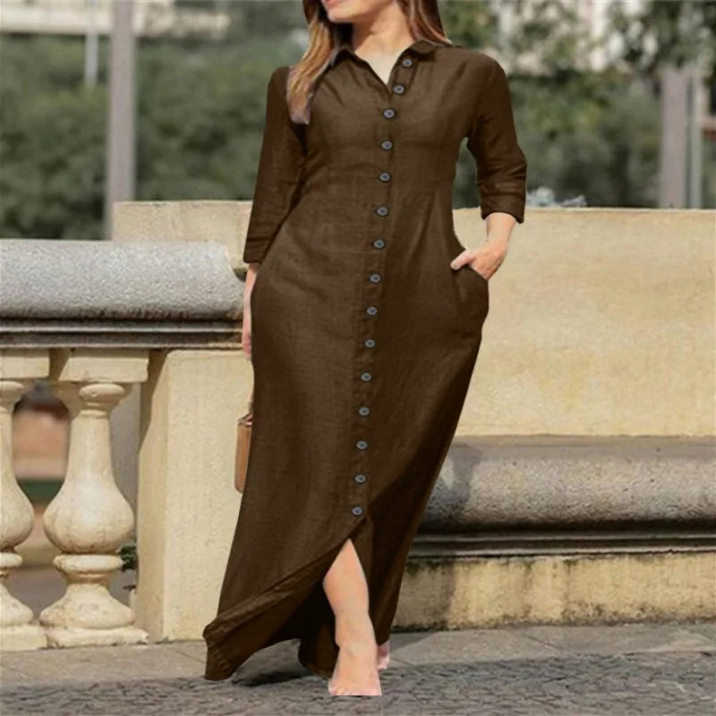 Sophisticated office lady style ankle-length dress, designed with a straight silhouette and full sleeves, made from premium cotton blend fabric.