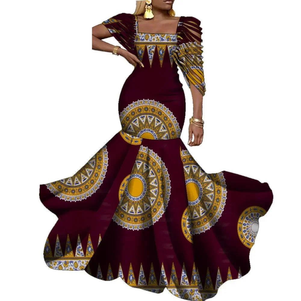 Sophisticated African-style dress designed for women, blending cultural heritage with contemporary fashion, suitable for weddings and parties.