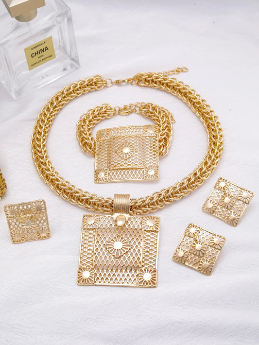 Stylish earrings from the Luxury Geometric 18K Gold Plated Jewelry Set, ideal for formal occasions and enhancing women's elegance.