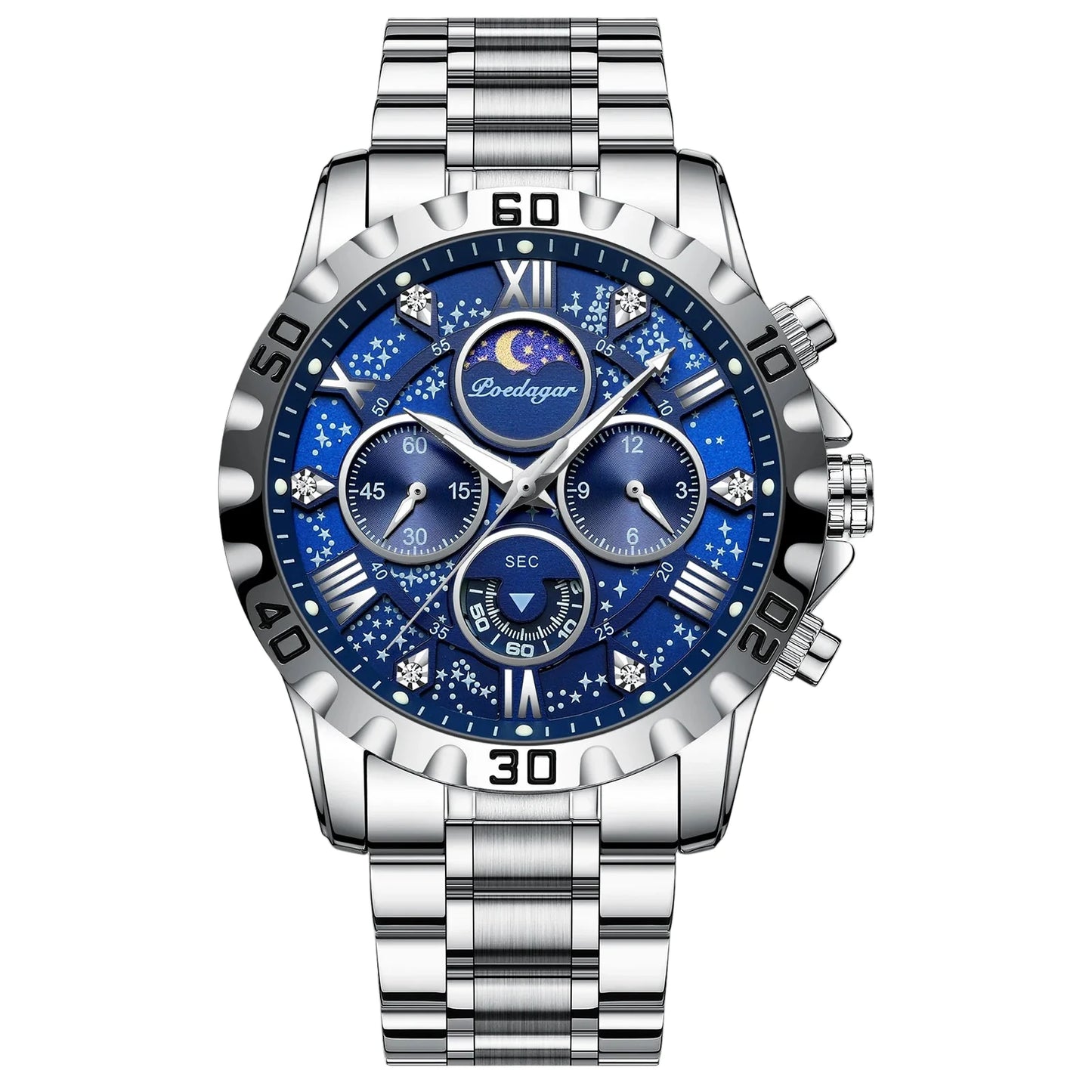 Luxury Luminous Chronograph Men's Sports Watch featuring a waterproof stainless steel design, 44mm round sapphire crystal dial, perfect for sporty elegance.