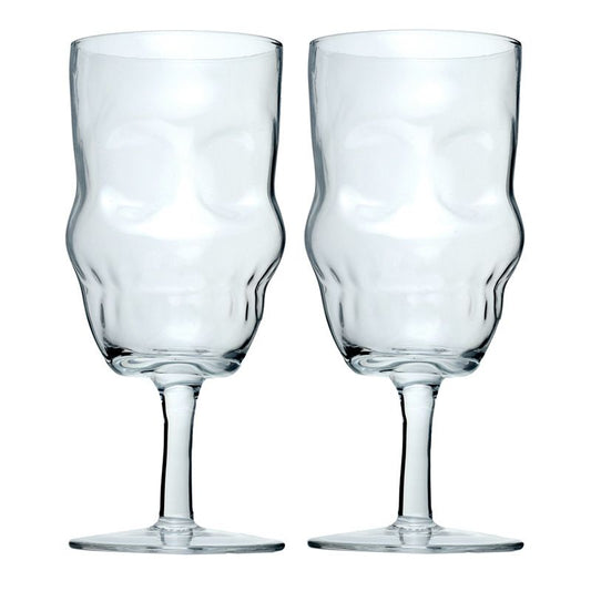 Set of two unique Gothic skull wine glasses, ideal for enjoying wine with a partner, showcasing an eye-catching and stylish design.