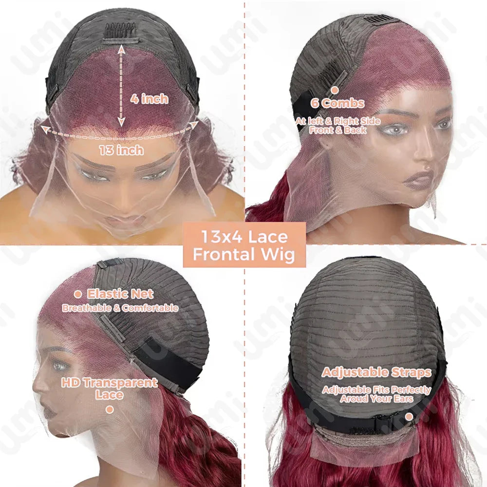 Luxury 13x4 Burgundy 99J Body Wave Short Bob Lace Frontal Human Wig - 200% Density, Pre Plucked, featuring exquisite Swiss lace for a natural look, designed for comfort and versatility.