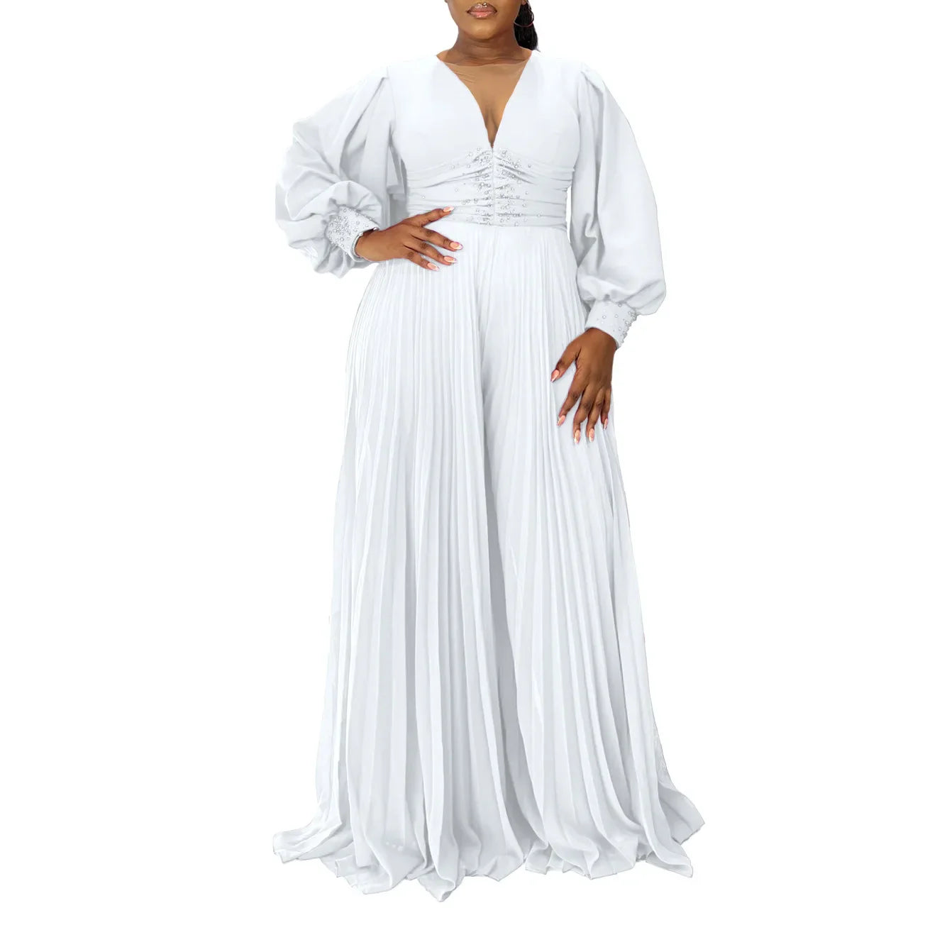 Chic Plus Size Women’s Autumn Dashiki Jumpsuit showcasing intricate fabric patterns, designed for elegance with a long sleeve V-neck silhouette in a striking blend of colours including black and rose red.