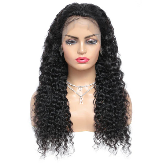 Close-up of the exquisite Swiss lace base of the 26 Inch Deep Wave Wig, designed for comfort and seamless blending, showcasing the premium quality of Brazilian Remy hair.