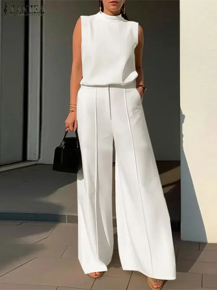 Elegant and refined 2-piece matching set for women, showcasing a chic tank top paired with flowing wide-leg pants, ideal for fashionable summer outings.