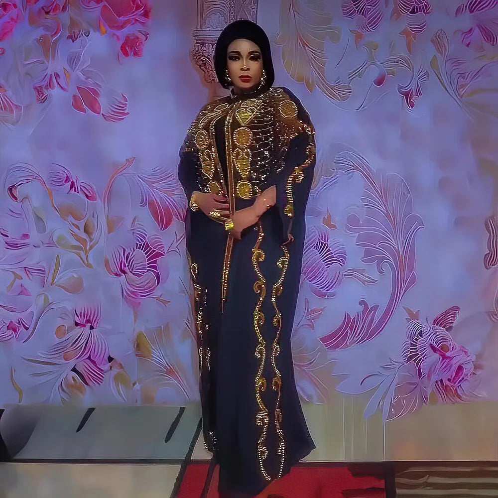 Sophisticated Plus Size Two-Piece Chiffon Dress Set with Rhinestones, embodying traditional Bubu style for women.