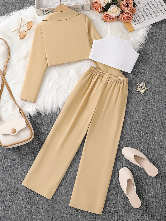 Chic three-piece outfit for girls aged 7-13 featuring a khaki colour scheme, perfect for autumn outdoor activities, with premium material and fashionable style.