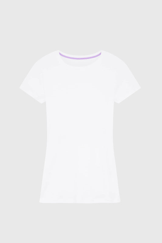 Close-up of Women's Short Sleeve Crew Neck T-Shirt from Lavender Hill Clothing, highlighting the premium cotton-modal fabric, classic crew neckline, and flattering fit, perfect for chic everyday wear.