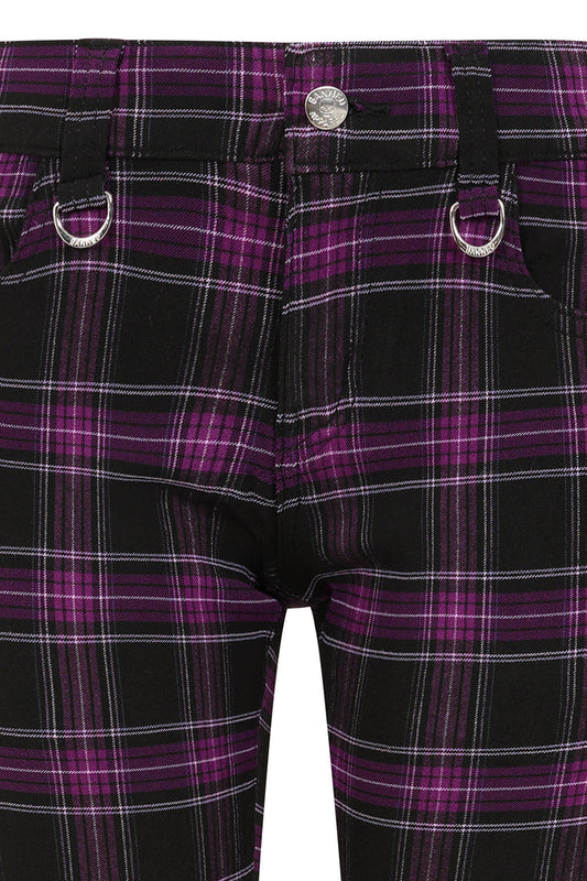 Close-up view of the purple tartan fabric and D-ring details of Banned Apparel's Forever Yours Low-Rise Skinny Trousers, highlighting the premium construction and rebellious style.