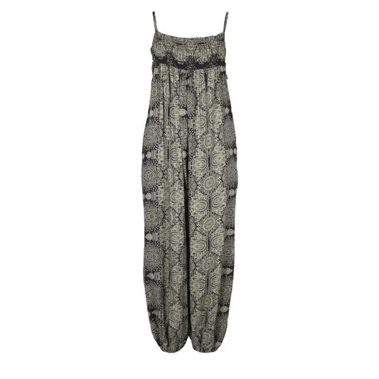 Stunning black mandala print jumpsuit with gathered ankles, ideal for versatile styling, featuring practical side pockets.