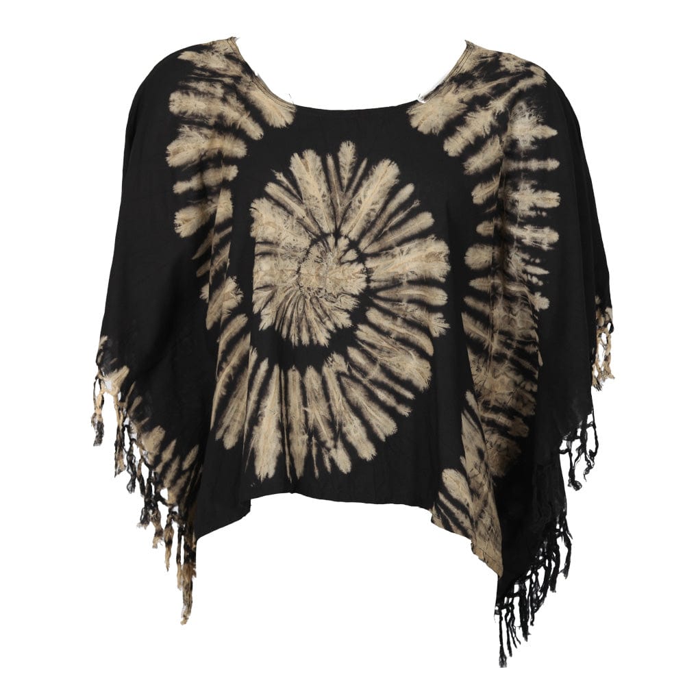 Back view of the Luxury Tie Dye Cropped Poncho highlighting the dramatic spiral design and flowing silhouette, ideal for layering with casual and chic outfits.