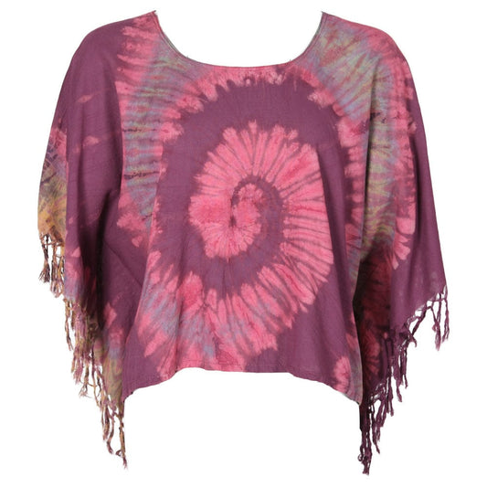 Luxury Tie Dye Cropped Poncho in unique spiral design showcasing vibrant colours and tassels, perfect for UK sizes 8-16.