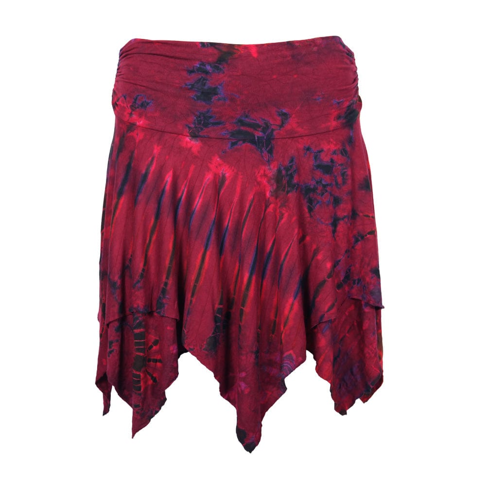 Sophisticated arrangement of tie dye hanky hem mini skirt in various jewel-like shades, showcasing its stylish design and luxurious appeal for summer wear.