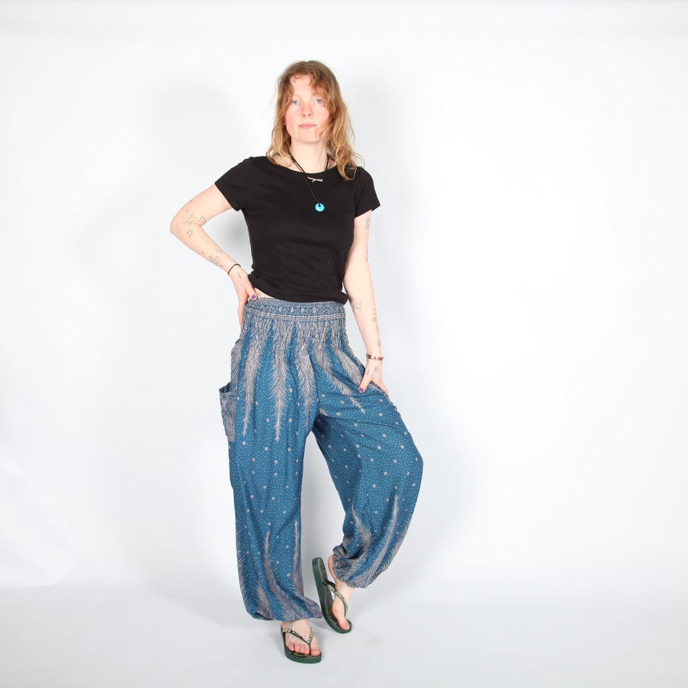 Elegant cuffed ankle rayon harem trousers for women in grey, featuring a sophisticated feather print for summer glamour - One size fits UK 8-16.