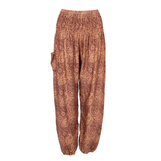 Elegant coppery brown paisley harem pants featuring a relaxed fit and stylish side pocket, ideal for casual or chic outfits.