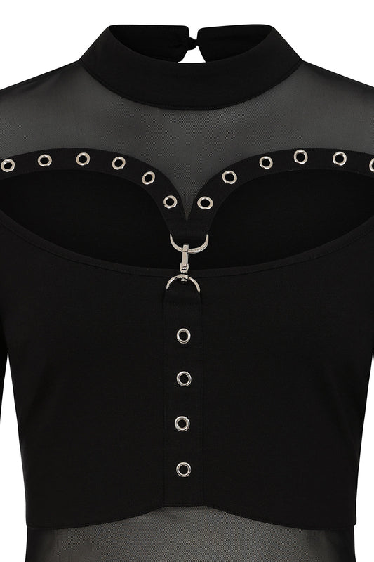 Close-up of the Banned Cordelia Gothic Top detailing, showcasing the stunning bust cut-out with silver-tone eyelets and D-ring clasp.