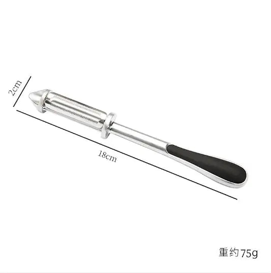 Detailed image of a stylish multi-functional vegetable and fruit peeler laying flat, highlighting its dimensions of 18cm and 75g weight, perfect for ergonomic kitchen use.