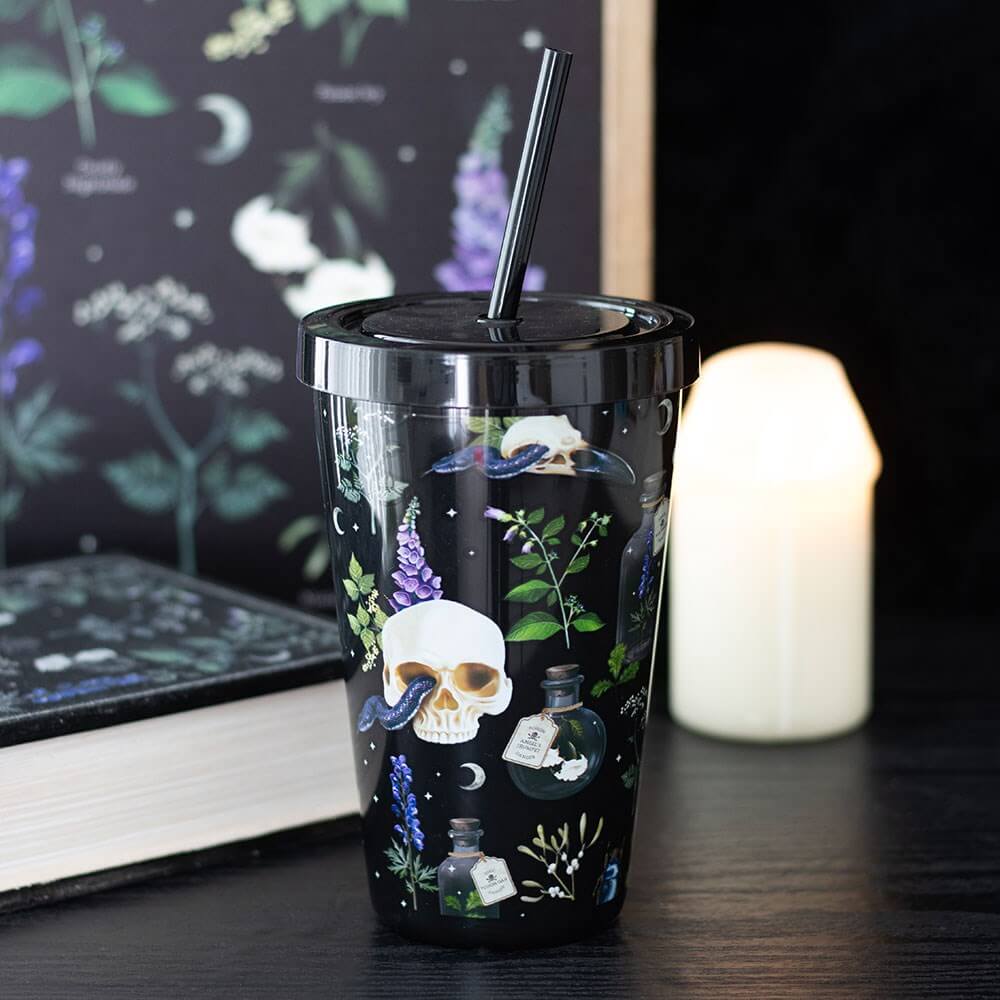 Sophisticated Venom & Vines Gothic Skull reusable tumbler with straw, designed for those who appreciate edgy luxury in their drinkware accessories.