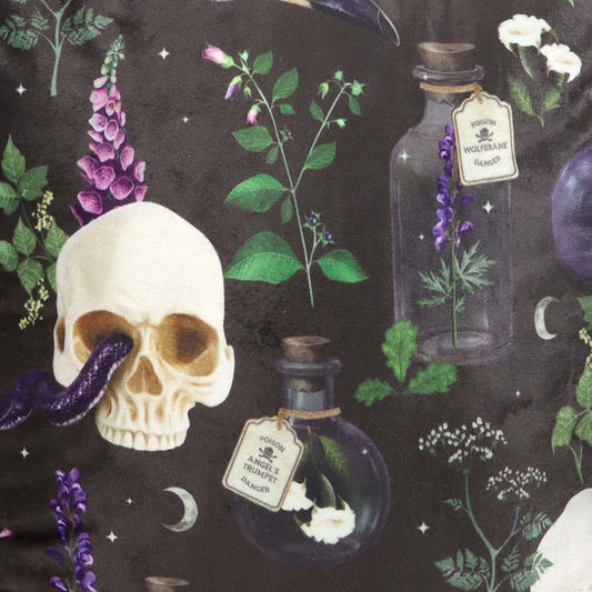 Close-up of the darkly elegant polyester cushion from Kate's Clothing, showcasing the detailed artwork of venomous plants and gothic motifs.