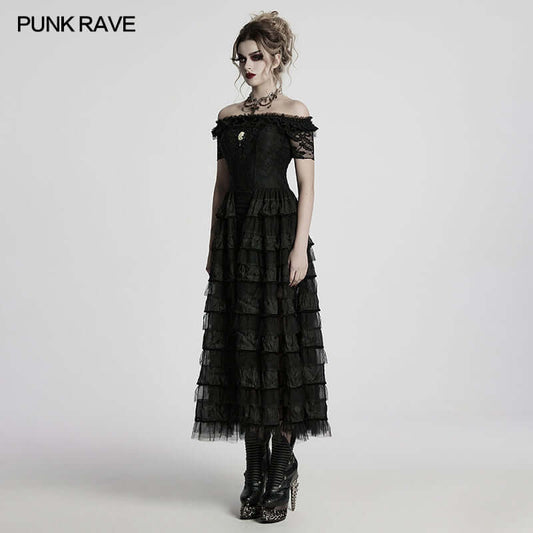 Elegant Punk Rave Penelope Steampunk Lace Dress featuring ruffled chiffon mesh and intricate Gothic skull detail, perfect for a standout gothic fashion statement.