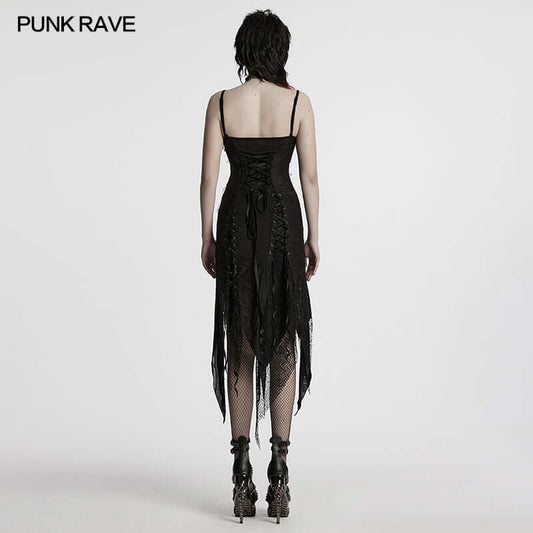 Close-up view of the Punk Rave irregular split dress showcasing detailed lace ties and eyelets, highlighting the exquisite craftsmanship and Gothic aesthetic.