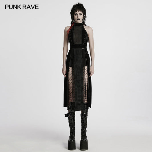 Detailed view of the corset back of the Punk Rave Selene Black Velvet Mesh High Slit Goth Dress, showcasing the lace-up design for a custom fit.
