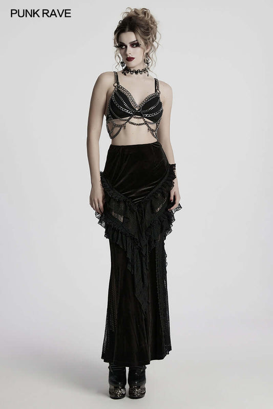 Close-up view of the stunning lace detailing on the Punk Rave Nera Goth Dynamic Skirt, showcasing its elegant velvet texture and vibrant mesh ruffles for a dramatic flair.
